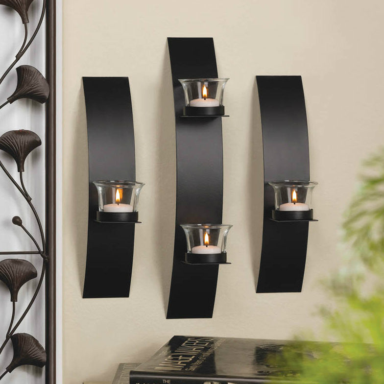 Sleek Black Curved Iron Wall Sconce Set