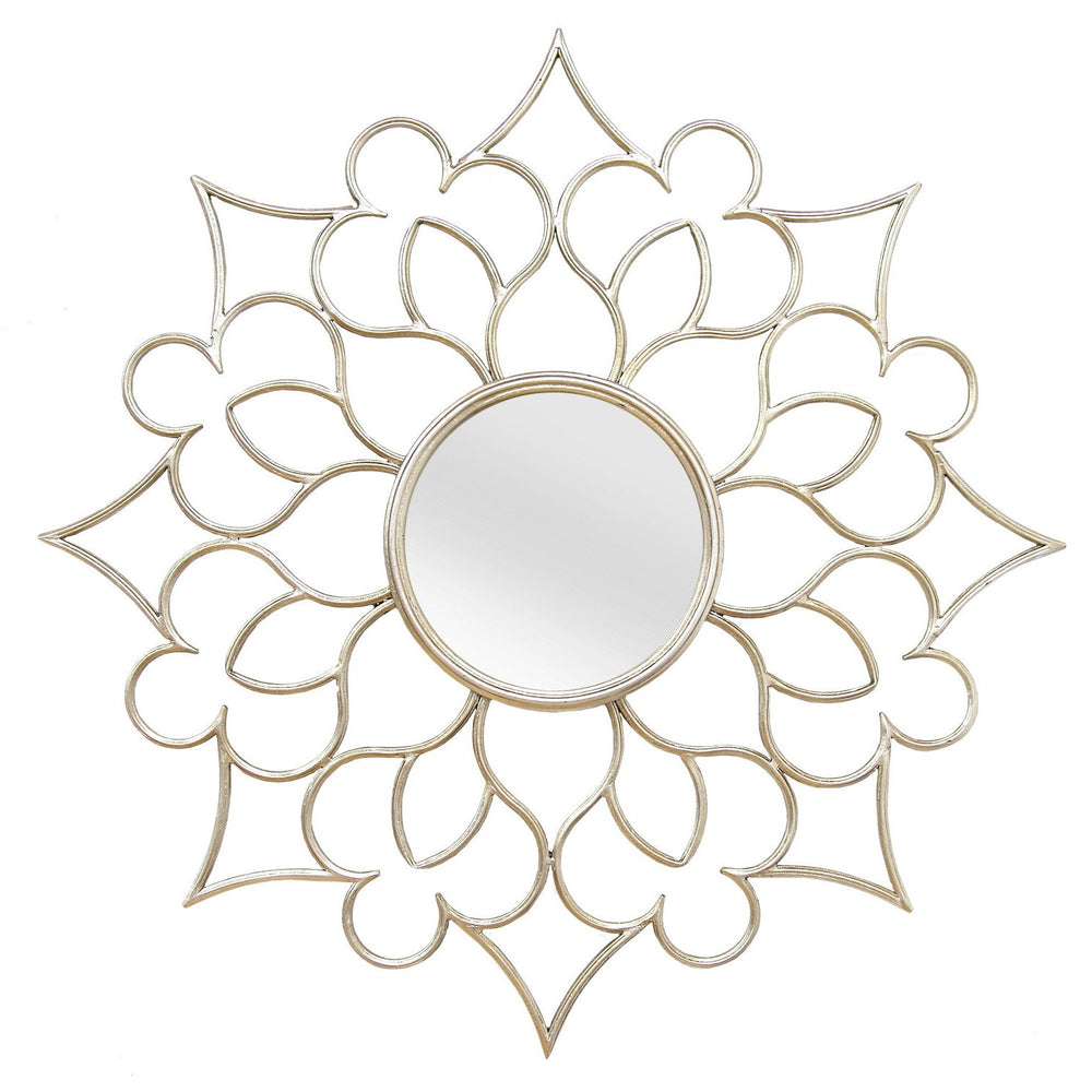 7 Round Silver Quatrefoil Metal Framed Wall Mirror