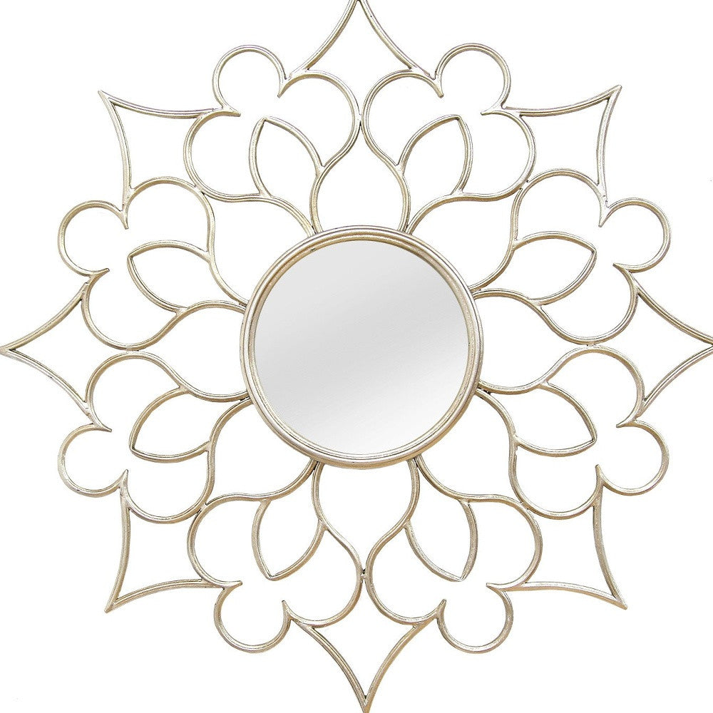 7 Round Silver Quatrefoil Metal Framed Wall Mirror