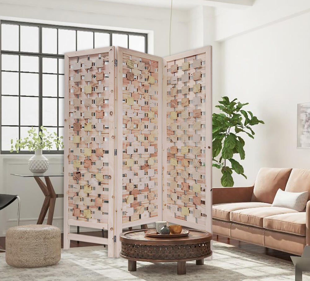 3 Panel Pink Room Divider with Cut Square Wood Design