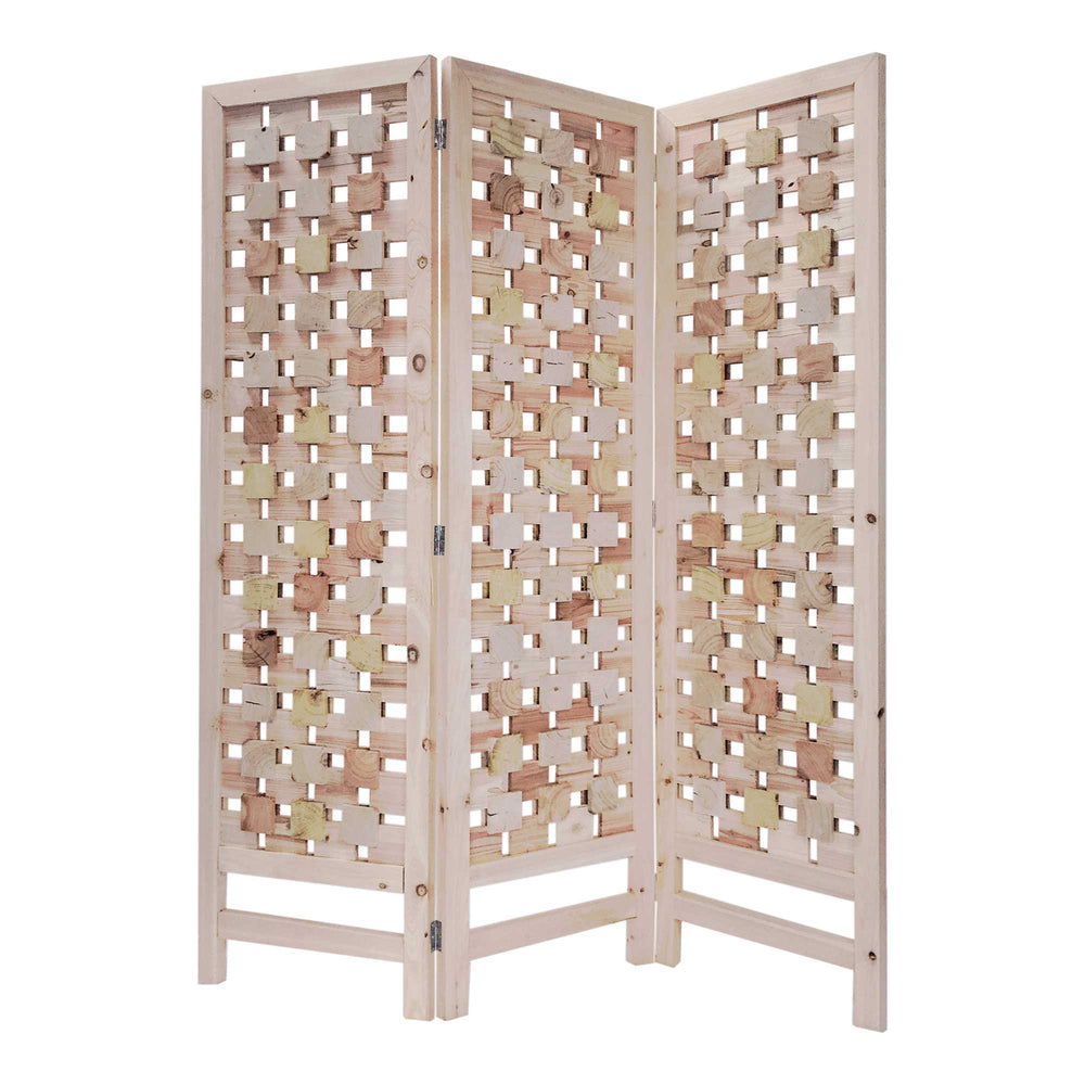 3 Panel Pink Room Divider with Cut Square Wood Design