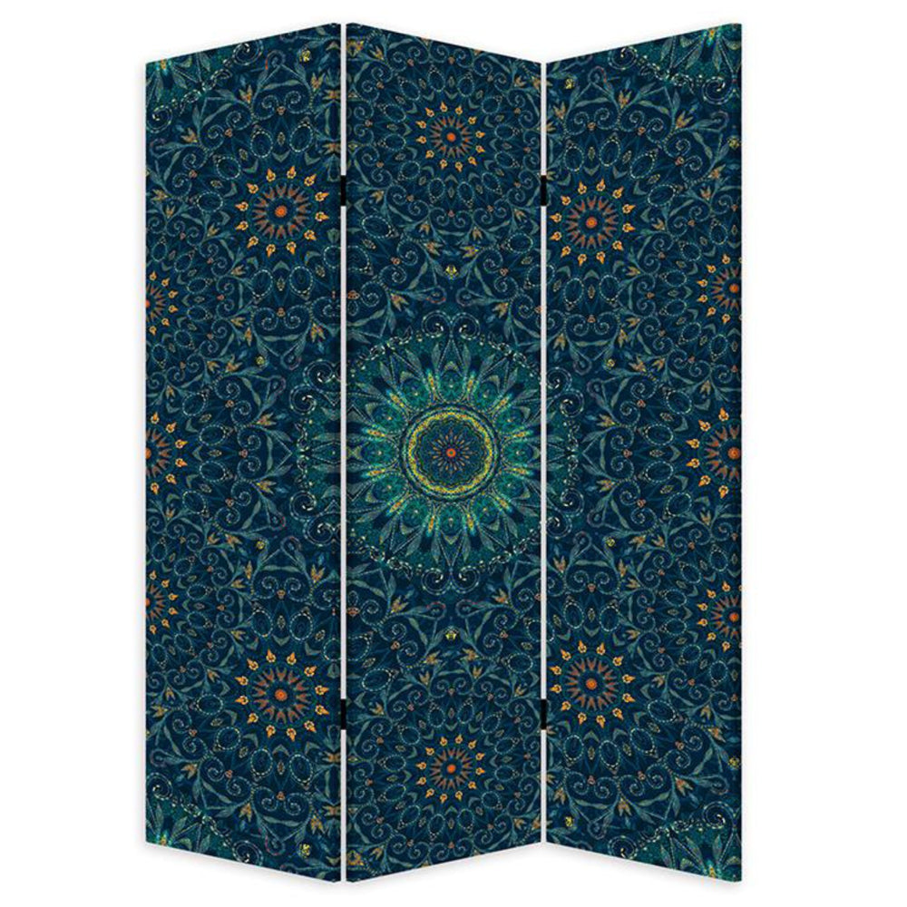 Blue Boho Mandala Three Panel Room Divider Screen