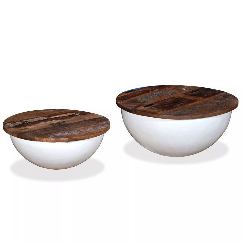 2 Piece Coffee Table Set Solid Reclaimed Wood Bowl Shape White/Black.