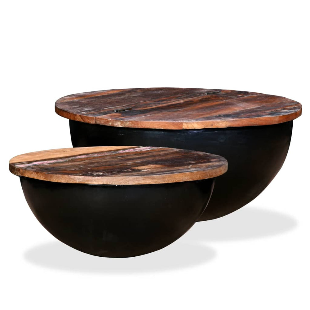 2 Piece Coffee Table Set Solid Reclaimed Wood Bowl Shape White/Black.