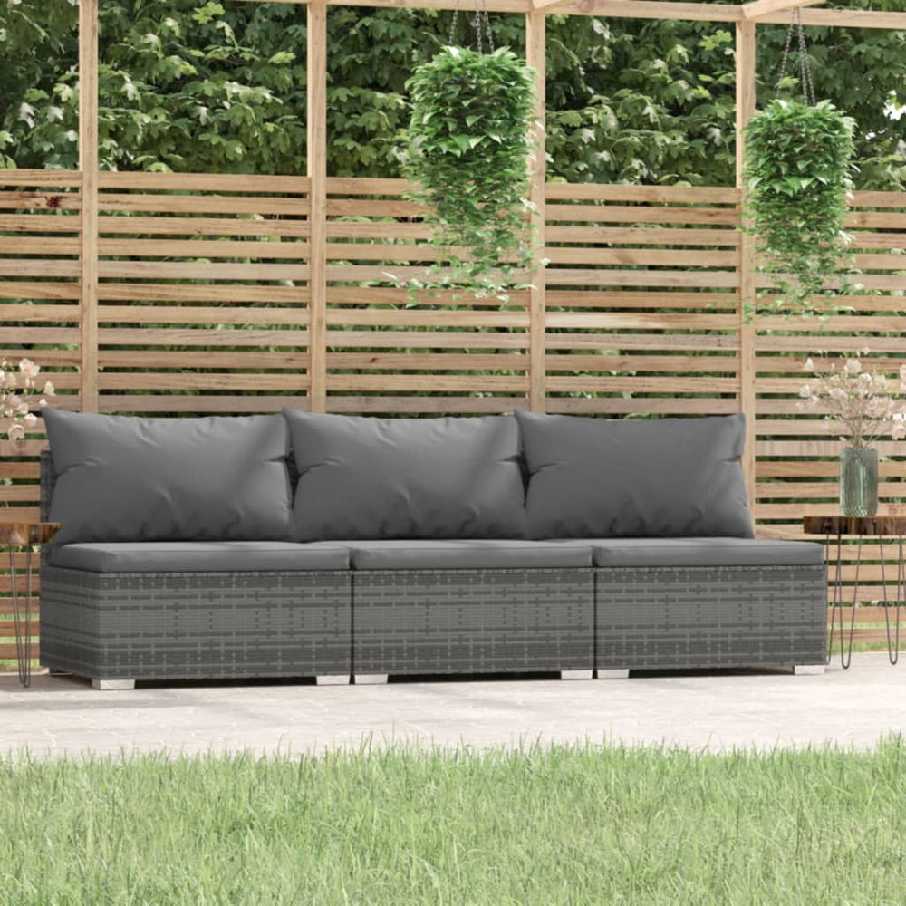 vidaXL 3-Seater Sofa with Cushions Gray Poly Rattan