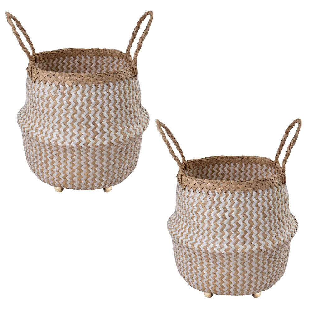 Seagrass Belly Basket w Handles, Beaded Planters Pot Cover for Indoor plants.