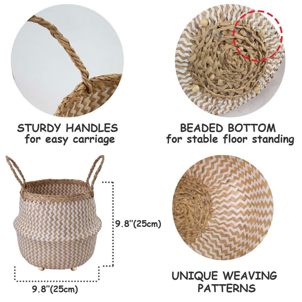 Seagrass Belly Basket w Handles, Beaded Planters Pot Cover for Indoor plants.
