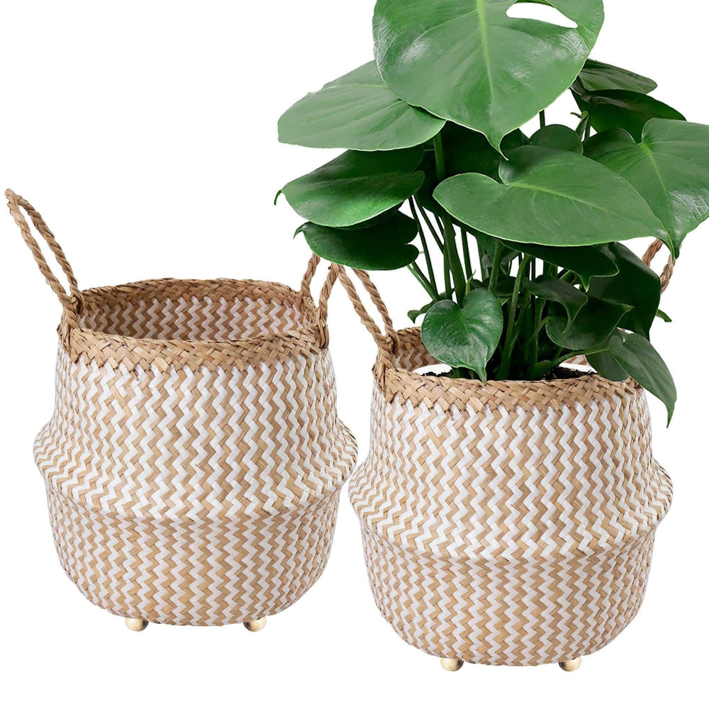 Seagrass Belly Basket w Handles, Beaded Planters Pot Cover for Indoor plants.