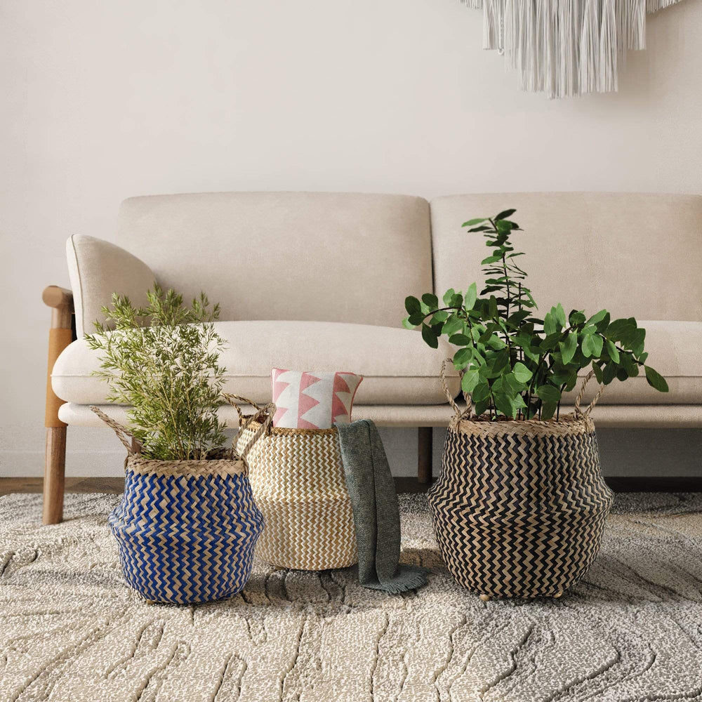 Seagrass Belly Basket w Handles, Beaded Planters Pot Cover for Indoor plants.