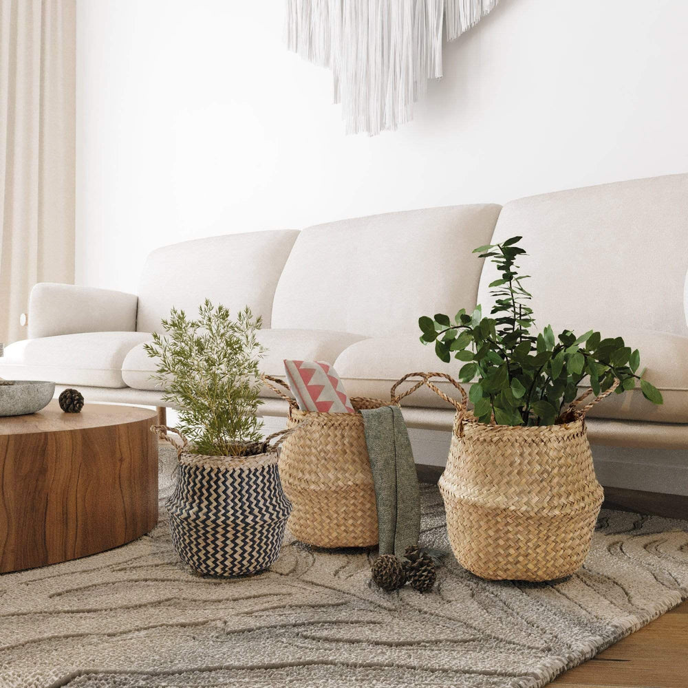 Seagrass Belly Basket w Handles, Beaded Planters Pot Cover for Indoor plants.