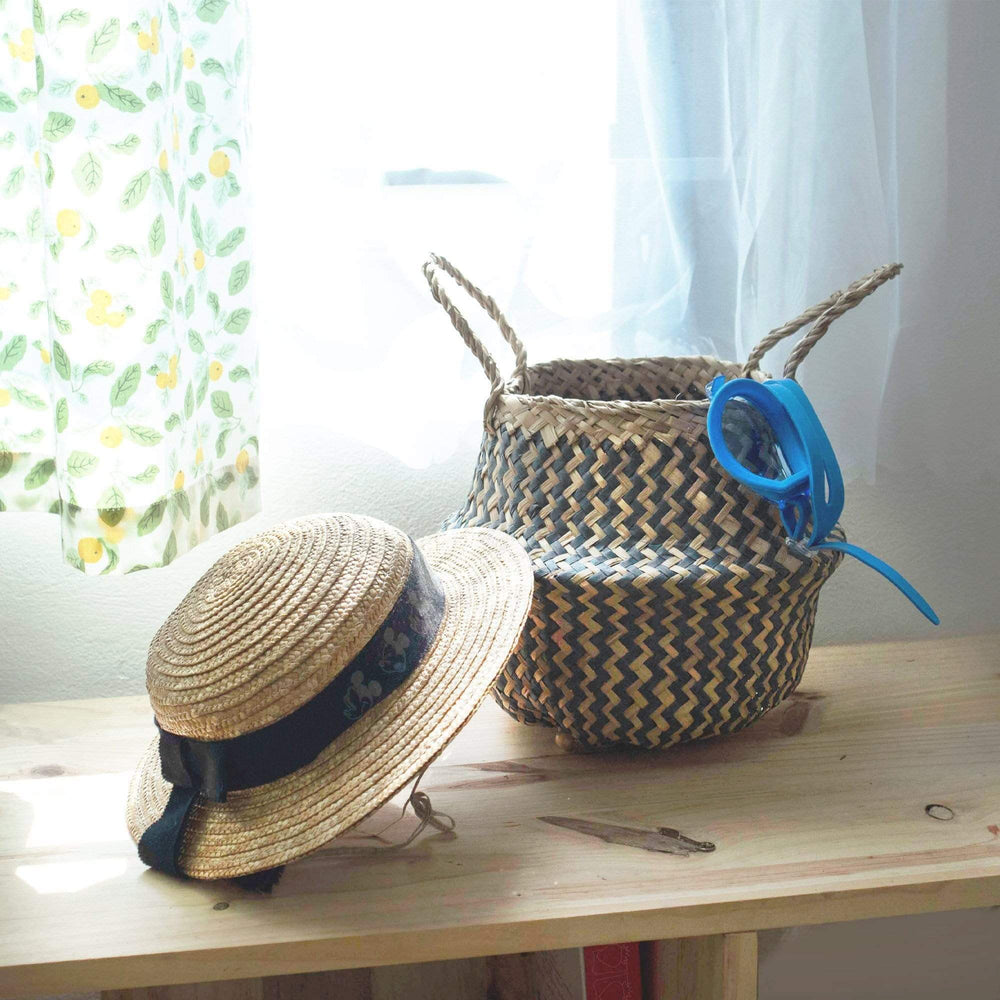Seagrass Belly Basket w Handles, Beaded Planters Pot Cover for Indoor plants.
