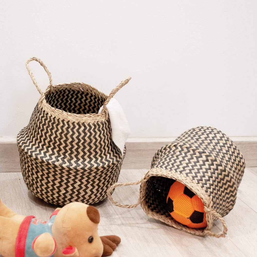 Seagrass Belly Basket w Handles, Beaded Planters Pot Cover for Indoor plants.