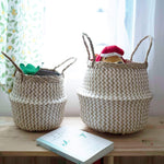 Seagrass Belly Basket w Handles, Beaded Planters Pot Cover for Indoor plants.