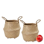 Seagrass Belly Basket w Handles, Beaded Planters Pot Cover for Indoor plants
