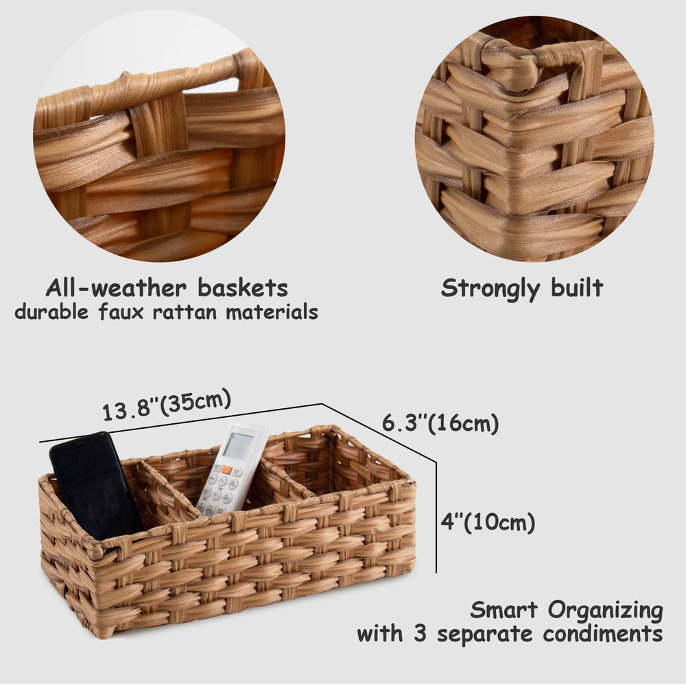 3-Section Rectangle Wicker Faux Rattan Basket