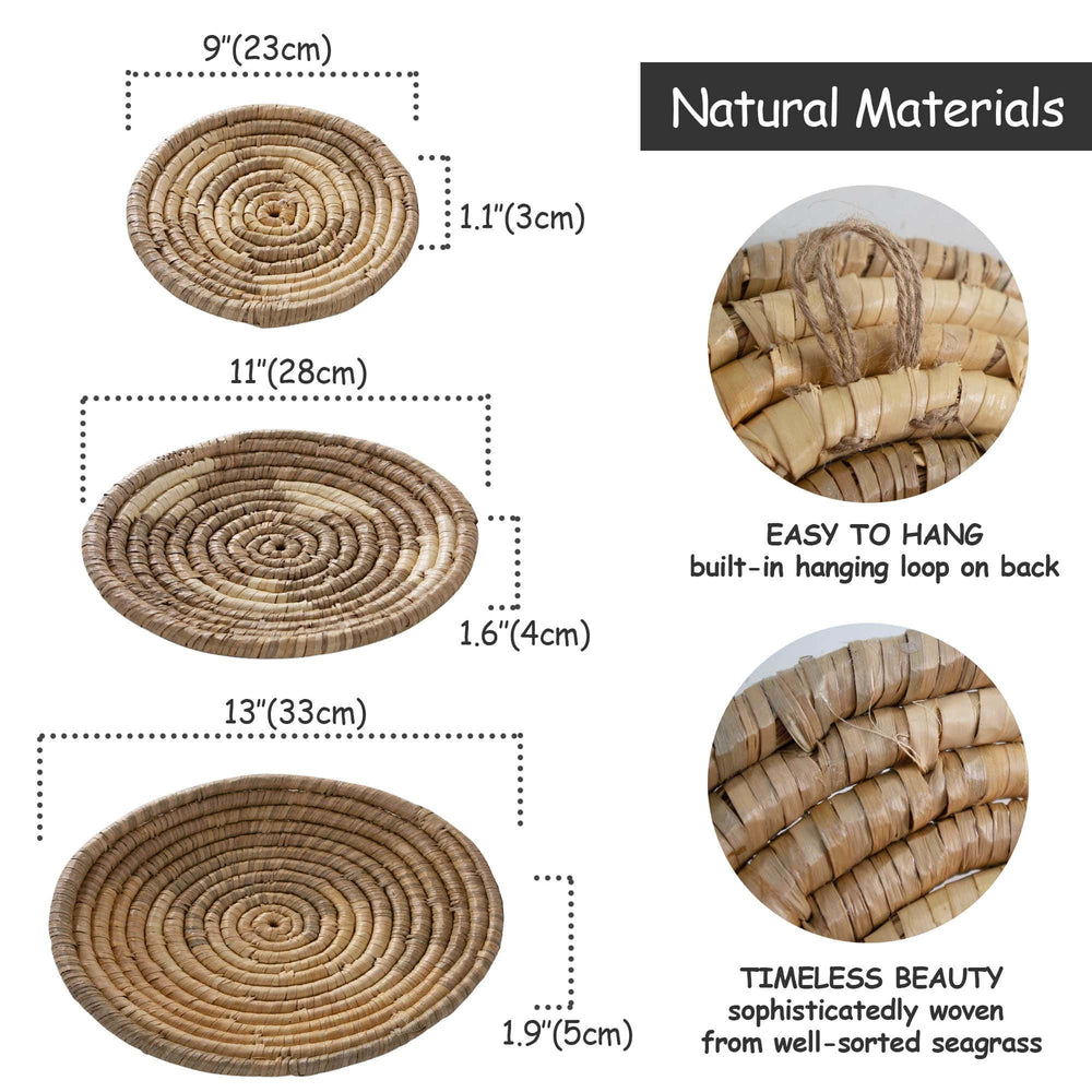 Seagrass Round Basket Set of 3 | Unique Farmhouse Wall Decor Tray for Wall Display or Home Decoration