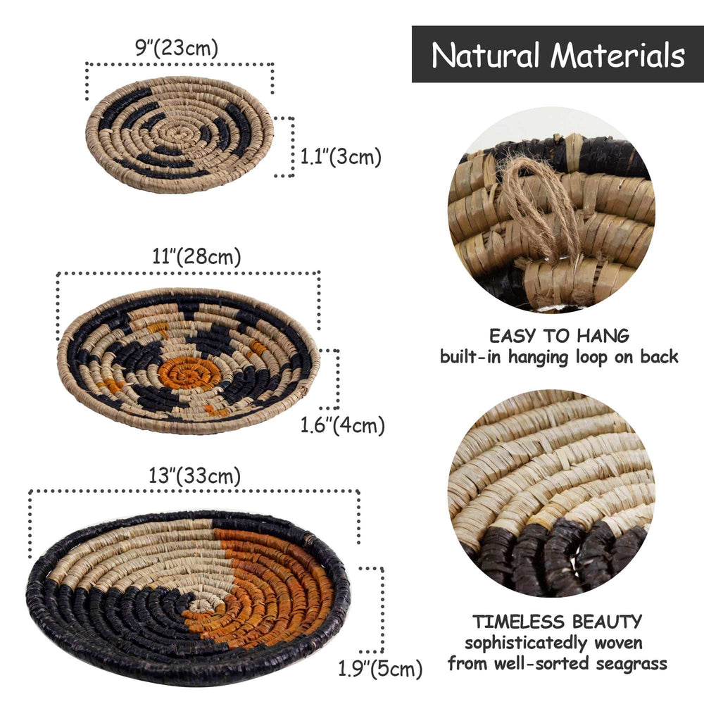 Seagrass Round Basket Set of 3 | Unique Farmhouse Wall Decor Tray for Wall Display or Home Decoration