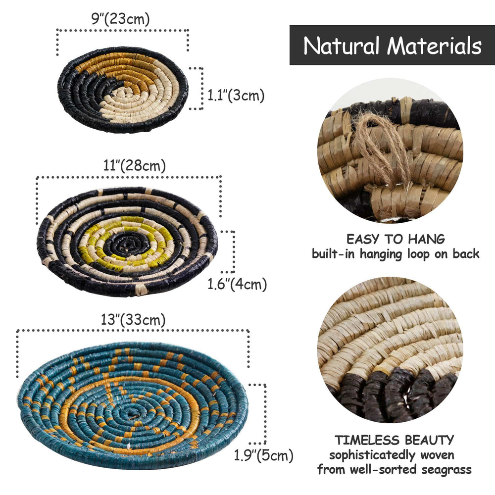 Seagrass Round Basket Set of 3 | Unique Farmhouse Wall Decor Tray for Wall Display or Home Decoration