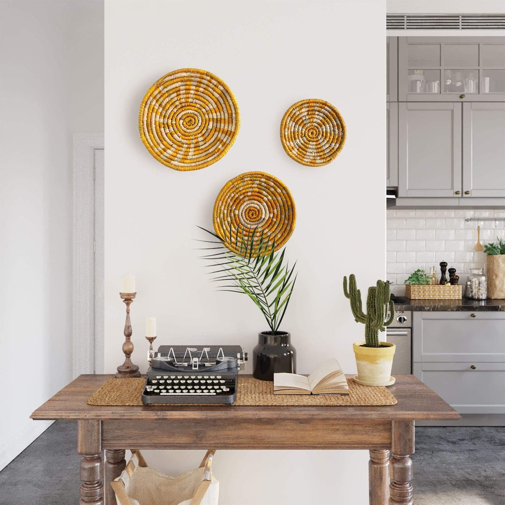 Seagrass Round Basket Set of 3 | Unique Farmhouse Wall Decor Tray for Wall Display or Home Decoration