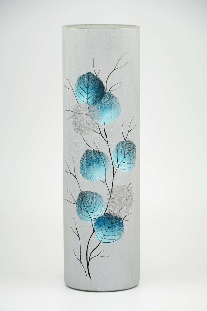 Sky-blue leaves handmade decorated vase | Glass vase for flowers | Cylinder Vase | Interior Design | Home Decor | Large Floor Vase 16 inch