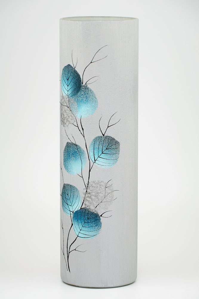 Sky-blue leaves handmade decorated vase | Glass vase for flowers | Cylinder Vase | Interior Design | Home Decor | Large Floor Vase 16 inch