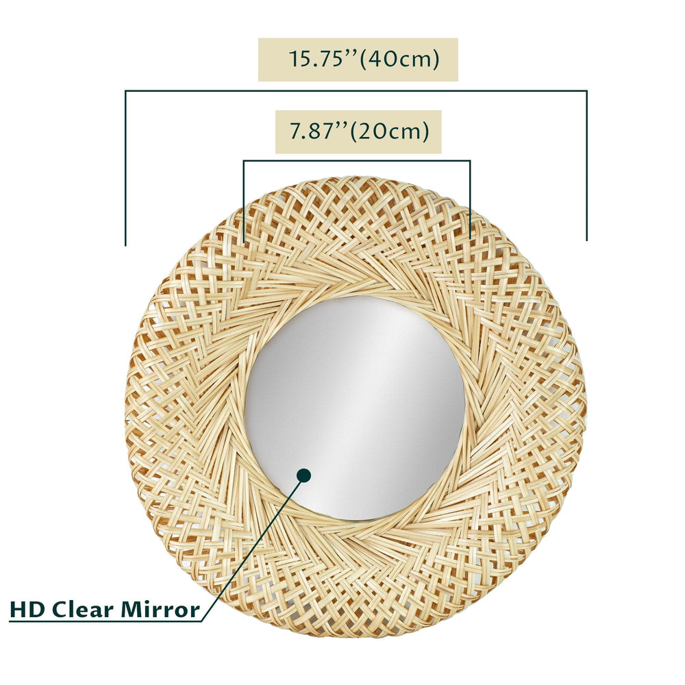 Bamboo Woven Wall Mirror | Natural Bohemian Hanging Glass Decor, Rustic Handwoven Innovative Art Decoration Round Makeup Mirror