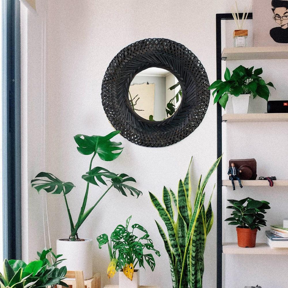 Bamboo Woven Wall Mirror | Natural Bohemian Hanging Glass Decor, Rustic Handwoven Innovative Art Decoration Round Makeup Mirror