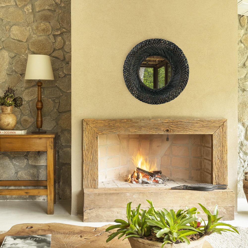 Bamboo Woven Wall Mirror | Natural Bohemian Hanging Glass Decor, Rustic Handwoven Innovative Art Decoration Round Makeup Mirror