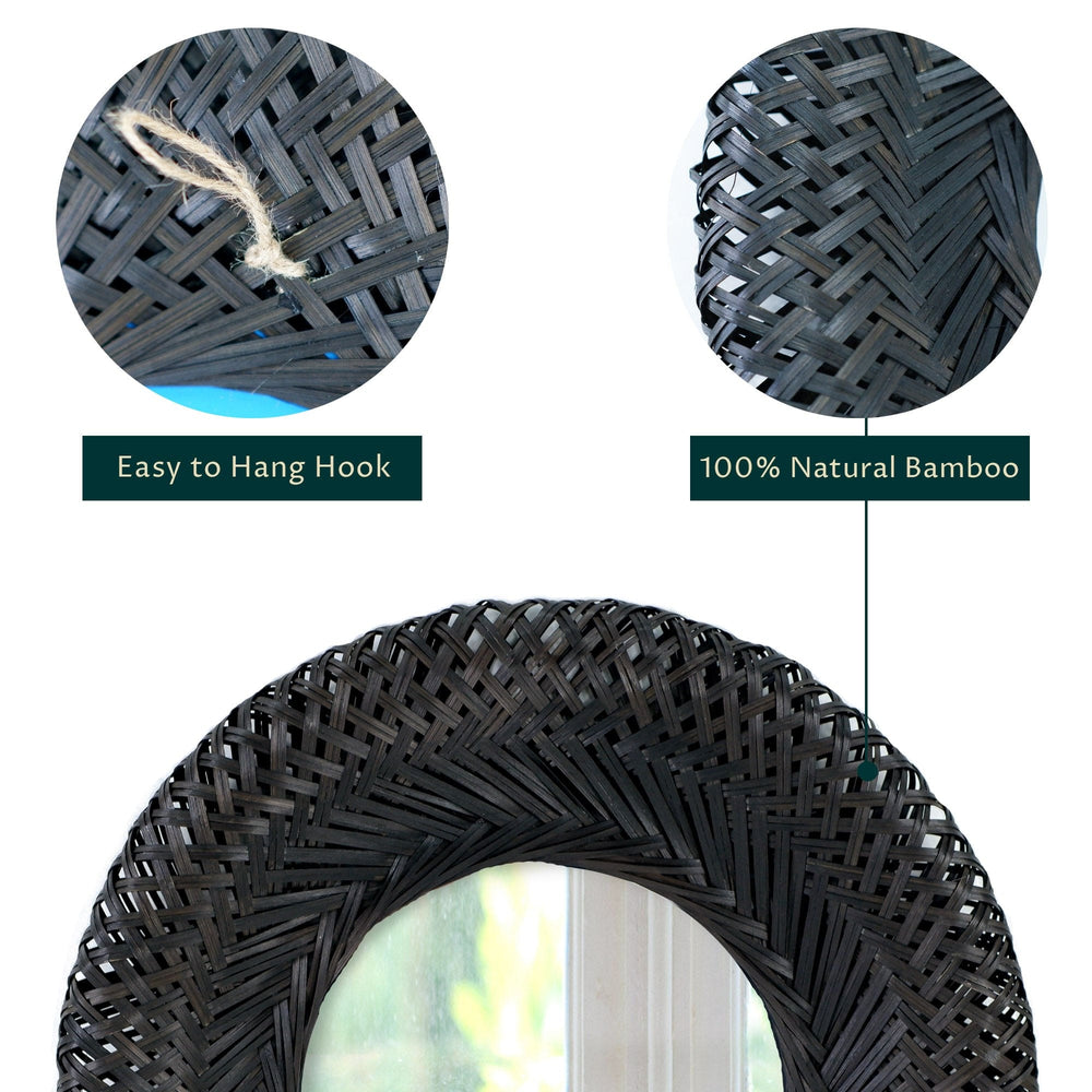 Bamboo Woven Wall Mirror | Natural Bohemian Hanging Glass Decor, Rustic Handwoven Innovative Art Decoration Round Makeup Mirror