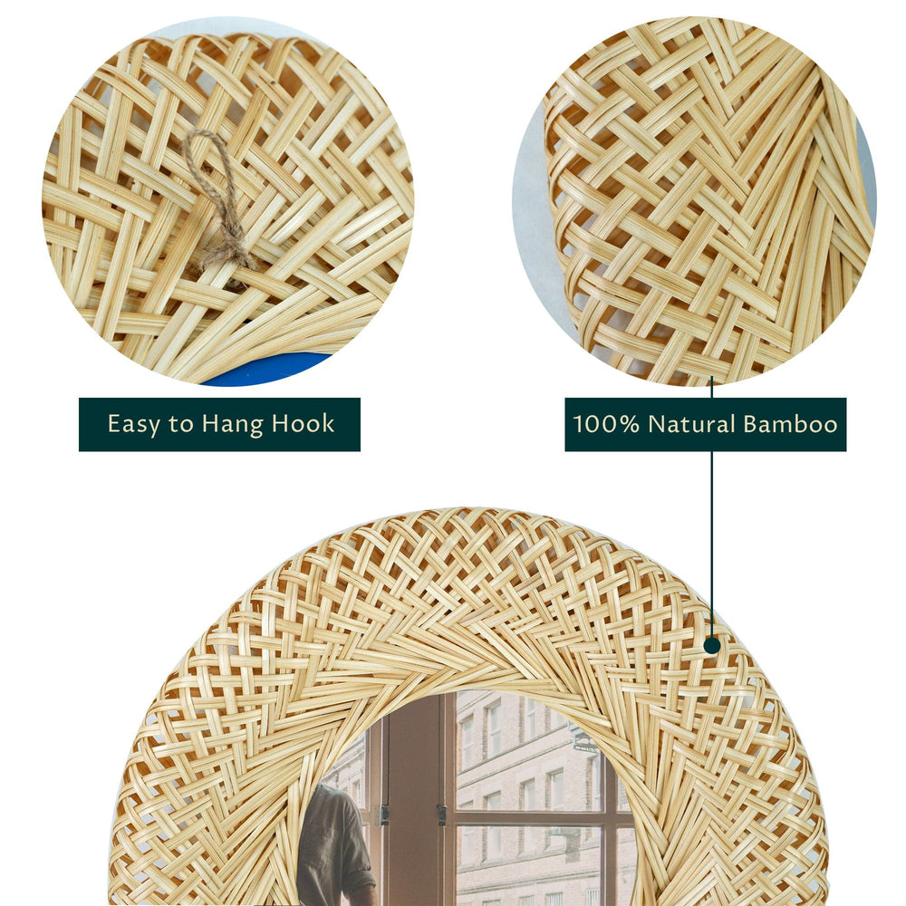 Bamboo Woven Wall Mirror | Natural Bohemian Hanging Glass Decor, Rustic Handwoven Innovative Art Decoration Round Makeup Mirror