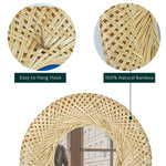 Bamboo Woven Wall Mirror | Natural Bohemian Hanging Glass Decor, Rustic Handwoven Innovative Art Decoration Round Makeup Mirror
