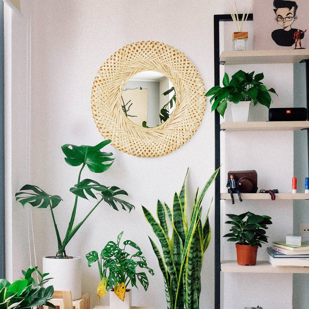 Bamboo Woven Wall Mirror | Natural Bohemian Hanging Glass Decor, Rustic Handwoven Innovative Art Decoration Round Makeup Mirror