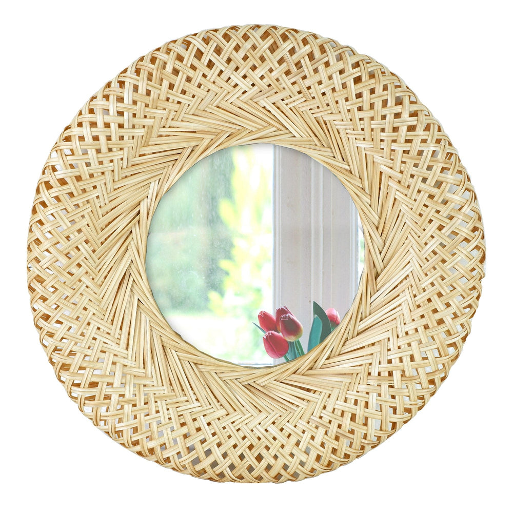 Bamboo Woven Wall Mirror | Natural Bohemian Hanging Glass Decor, Rustic Handwoven Innovative Art Decoration Round Makeup Mirror