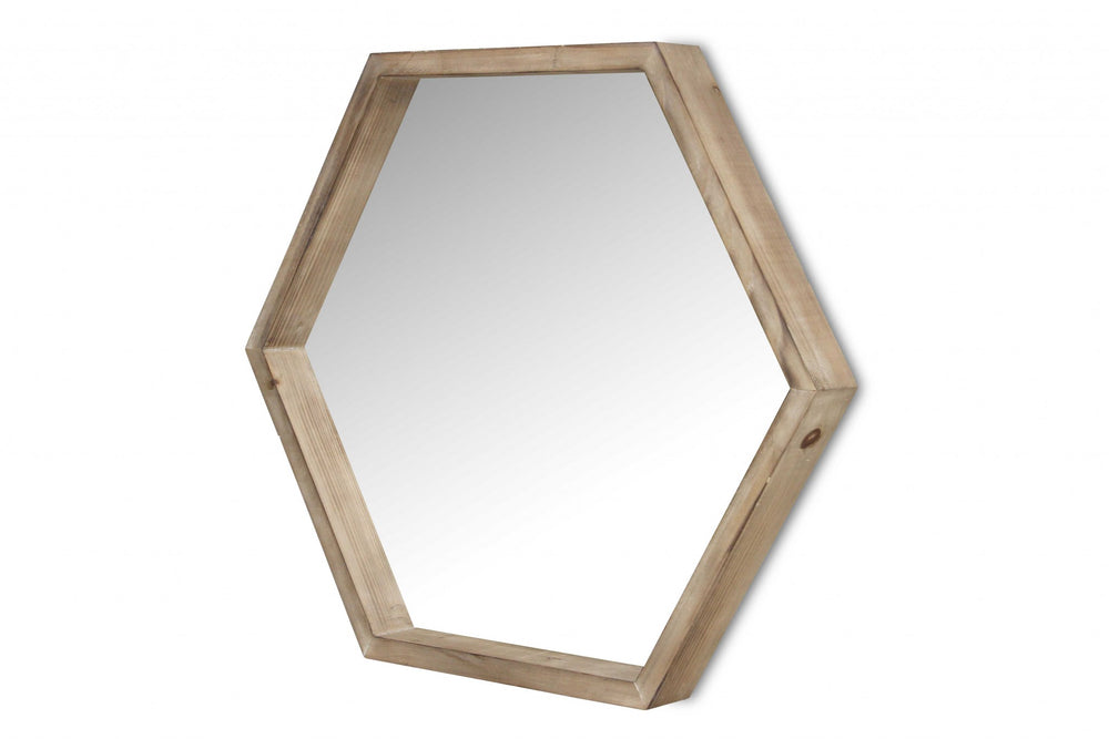 Modern Natural Wood Finish Hexagonal Wall Mirror