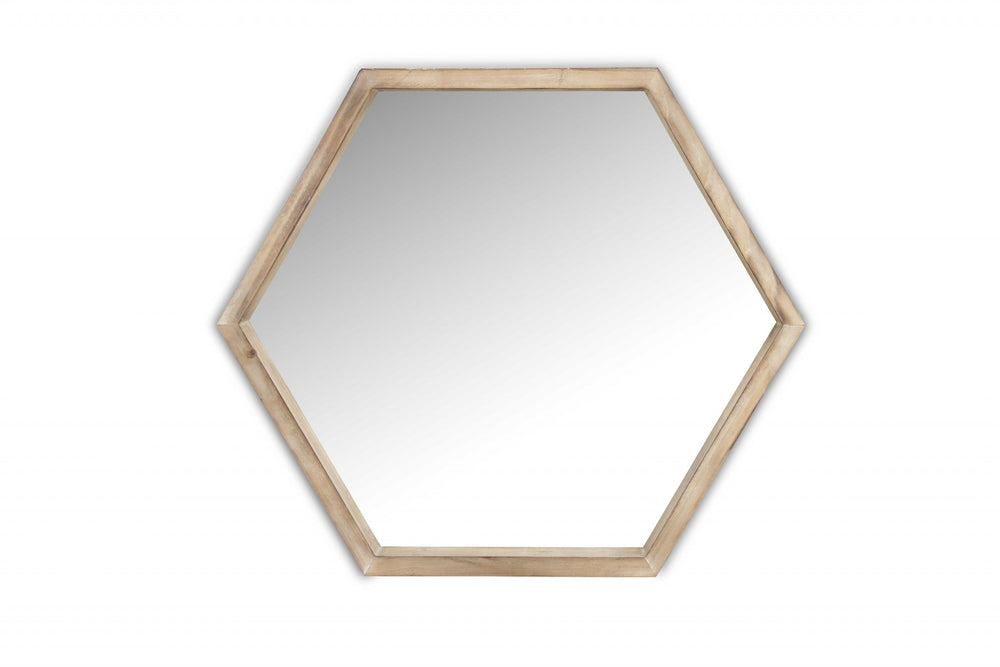 Modern Natural Wood Finish Hexagonal Wall Mirror