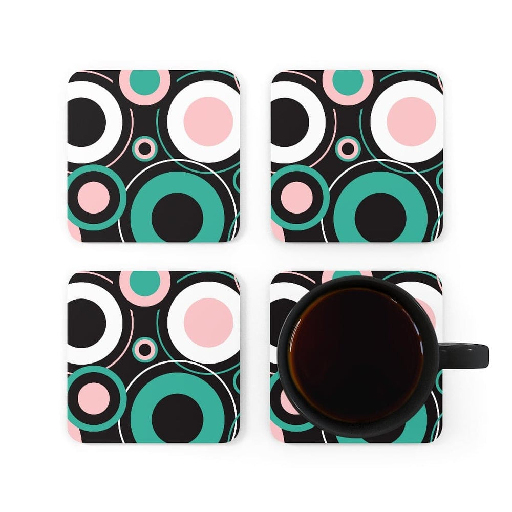 Corkwood Coaster Set - 4 Pieces / Black and Green Circular