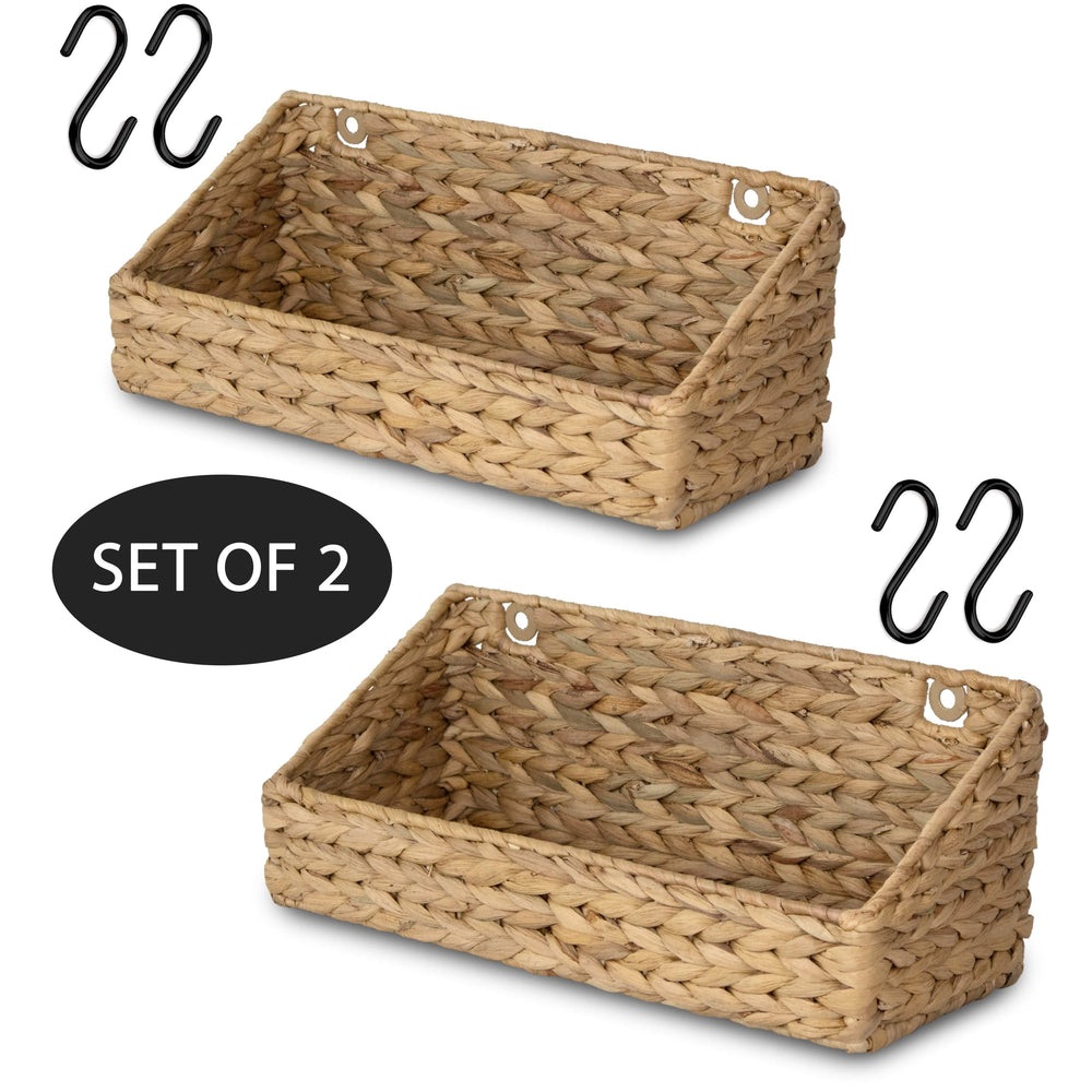 Set 2 Rectangular Sloped Cut Closet Storage Baskets Bins for Shelves, Woven Wicker Organizing Shelf Organizer Bins