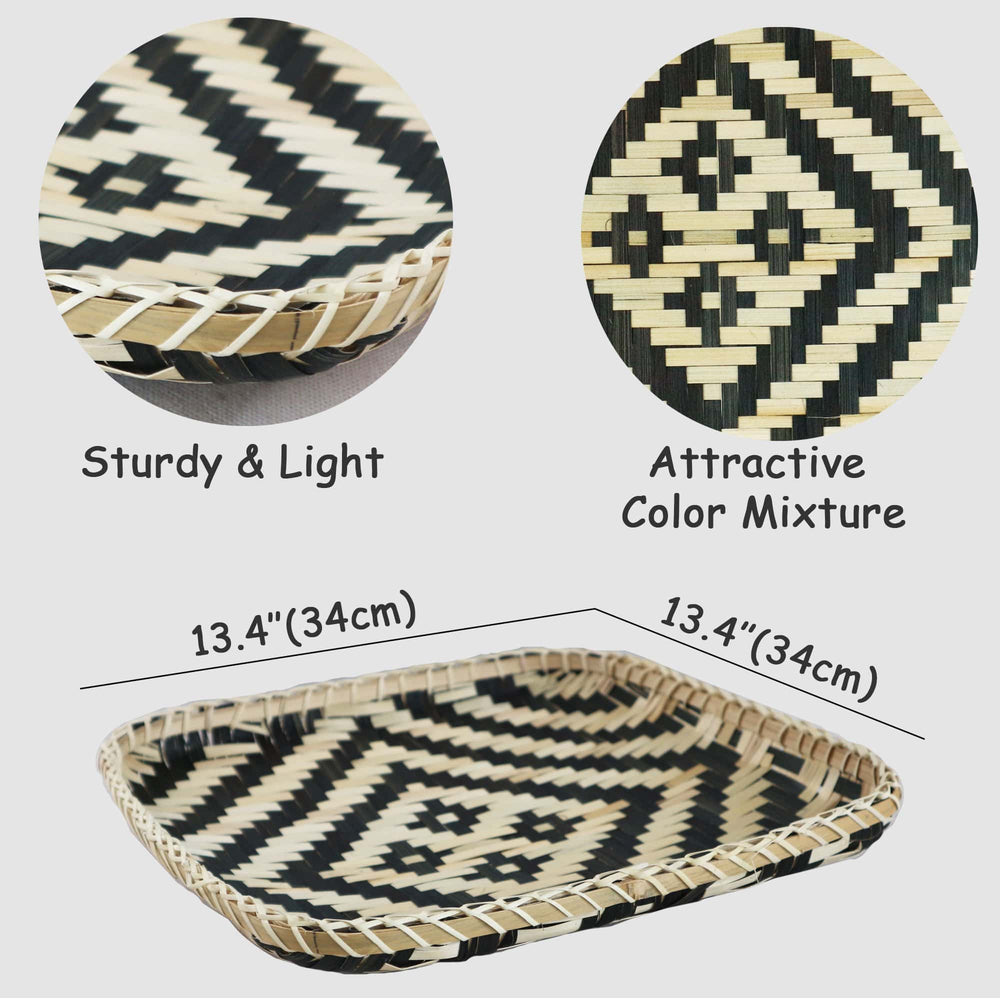 Square Bamboo Woven Basket Tray, Rustic Decorative Wooden Serving Tray for Breakfast, Drinks, Snacks, Coffee Table, Interior Decor
