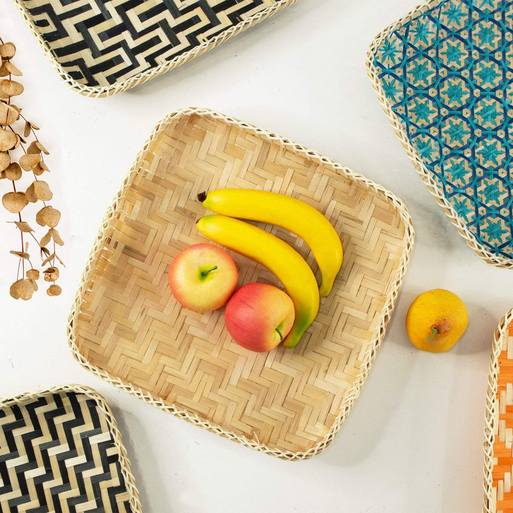Square Bamboo Woven Basket Tray, Rustic Decorative Wooden Serving Tray for Breakfast, Drinks, Snacks, Coffee Table, Interior Decor