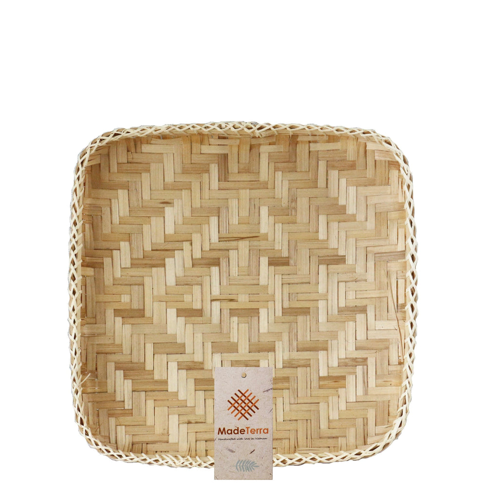 Square Bamboo Woven Basket Tray, Rustic Decorative Wooden Serving Tray for Breakfast, Drinks, Snacks, Coffee Table, Interior Decor