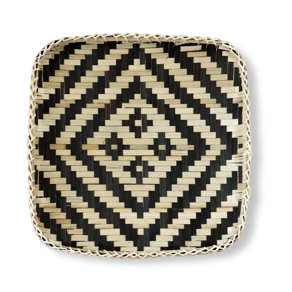 Square Bamboo Woven Basket Tray, Rustic Decorative Wooden Serving Tray for Breakfast, Drinks, Snacks, Coffee Table, Interior Decor