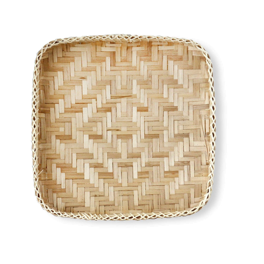 Square Bamboo Woven Basket Tray, Rustic Decorative Wooden Serving Tray for Breakfast, Drinks, Snacks, Coffee Table, Interior Decor